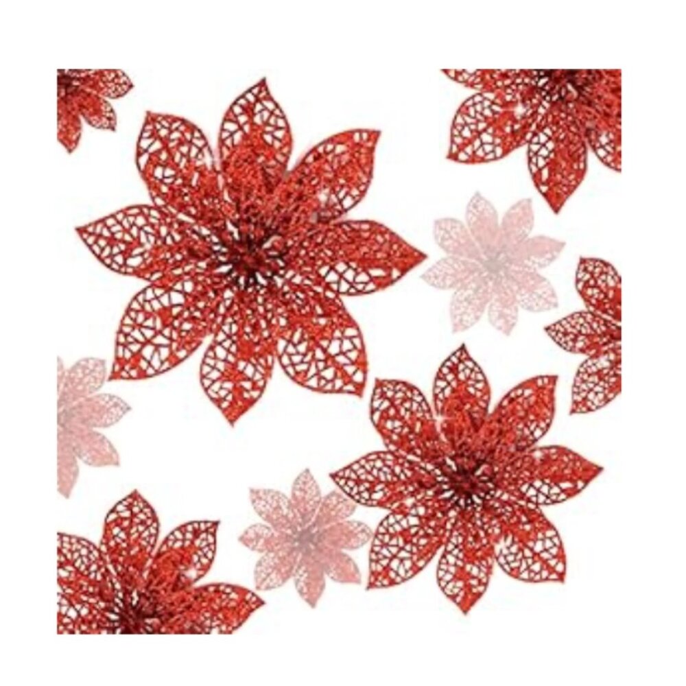 Ten Red Glitter Artificial Poinsettia Flower Christmas Tree Sticks, 5 in